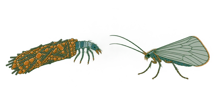 Illustration of a caddisfly showing its tent-shaped wings folded over its back at rest