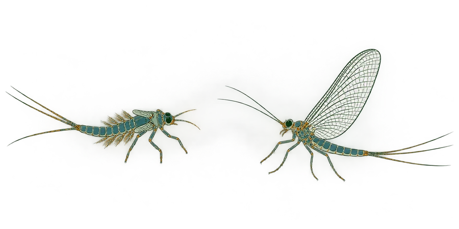 Illustration of a mayfly showing its slender body, upright wings, and long tail filaments