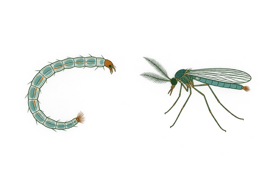 Illustration of a midge showing its small size and feathery antennae