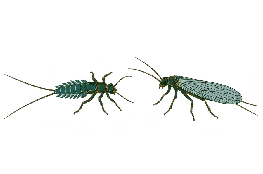 Illustration of a stonefly showing its two pairs of long, veined wings held flat over its body
