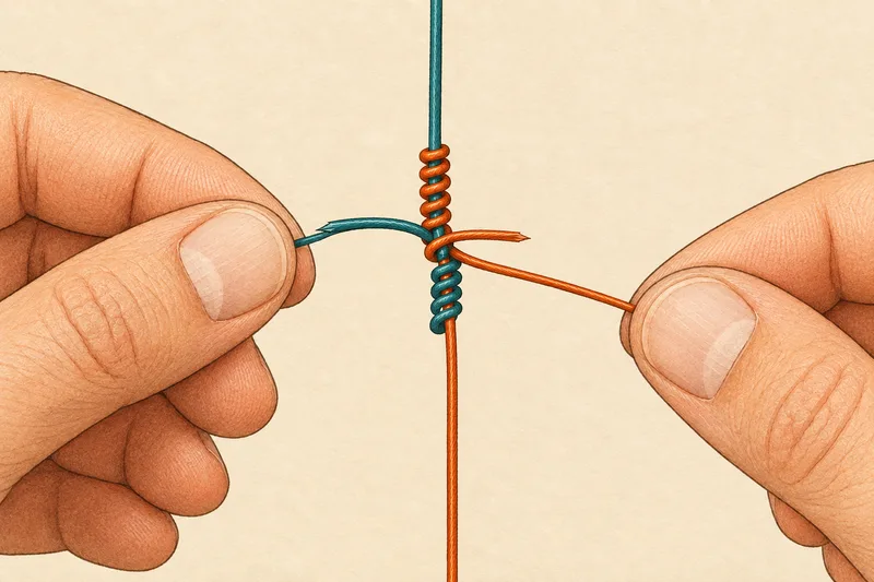 Wrap each tag end around the opposing standing line five times, then feed both tags back through the center gap in opposite directions