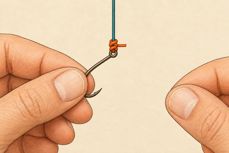 Pull tight to seat a small figure-8 knot snug against the hook eye, with the tag exiting to the side